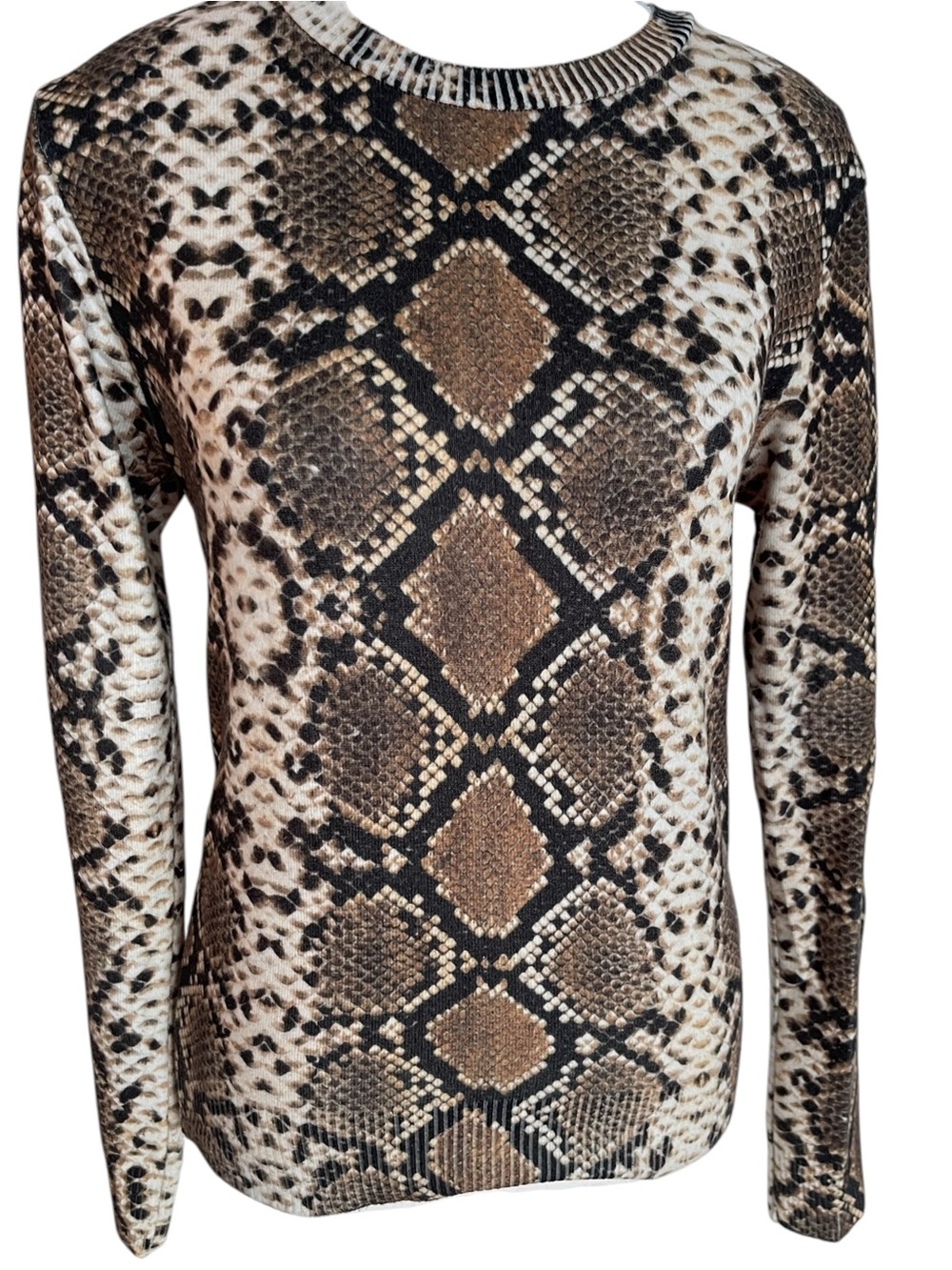 Zara Snake-Print Crewneck Sweater in Brown, Black and Cream Size Medium